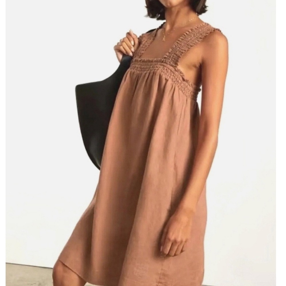 Everlane Earthy The Smocked Linen Cottage Dress Toasted Almond Brown Mini Size M